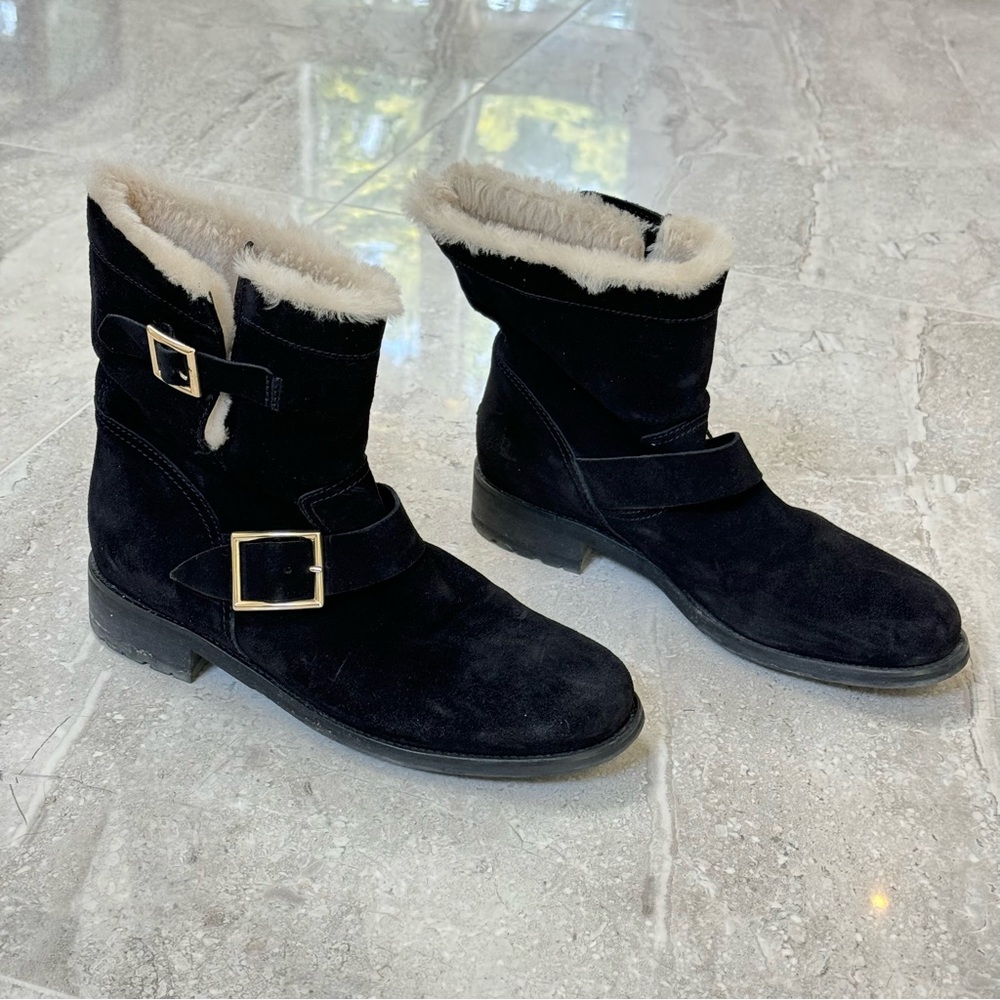 Jimmy Choo Black Suede Boots with Gold Buckles